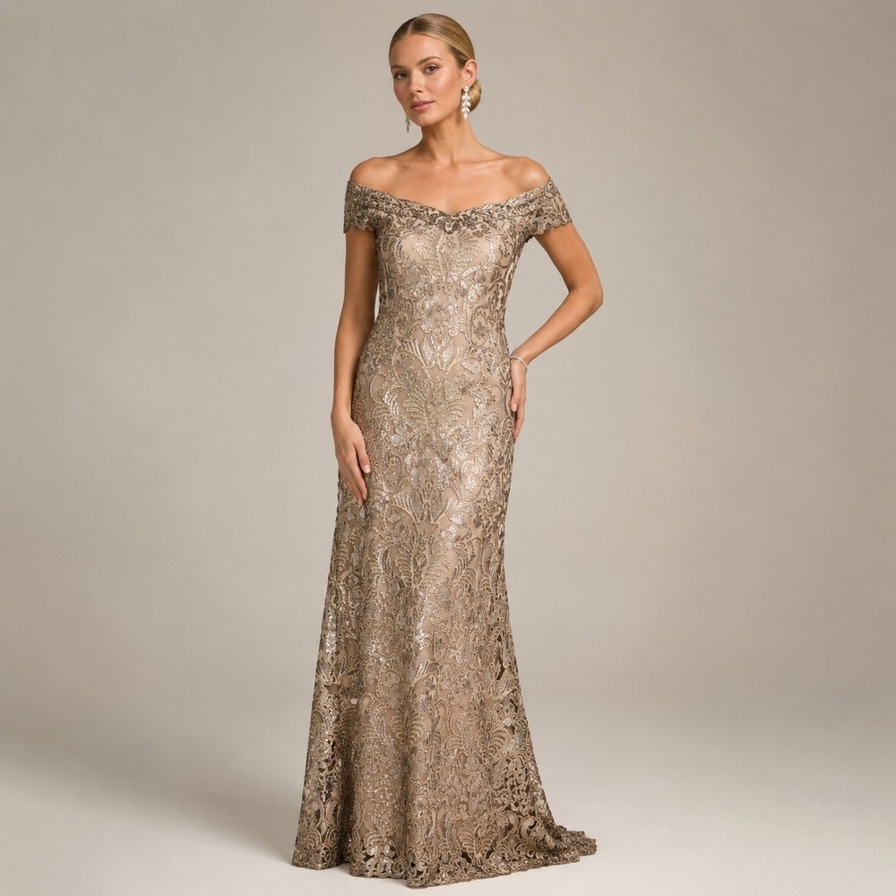 Tadashi Shoji Harford Sequin Gown 4 Copper Gold Lace Off Shoulder Formal Dress